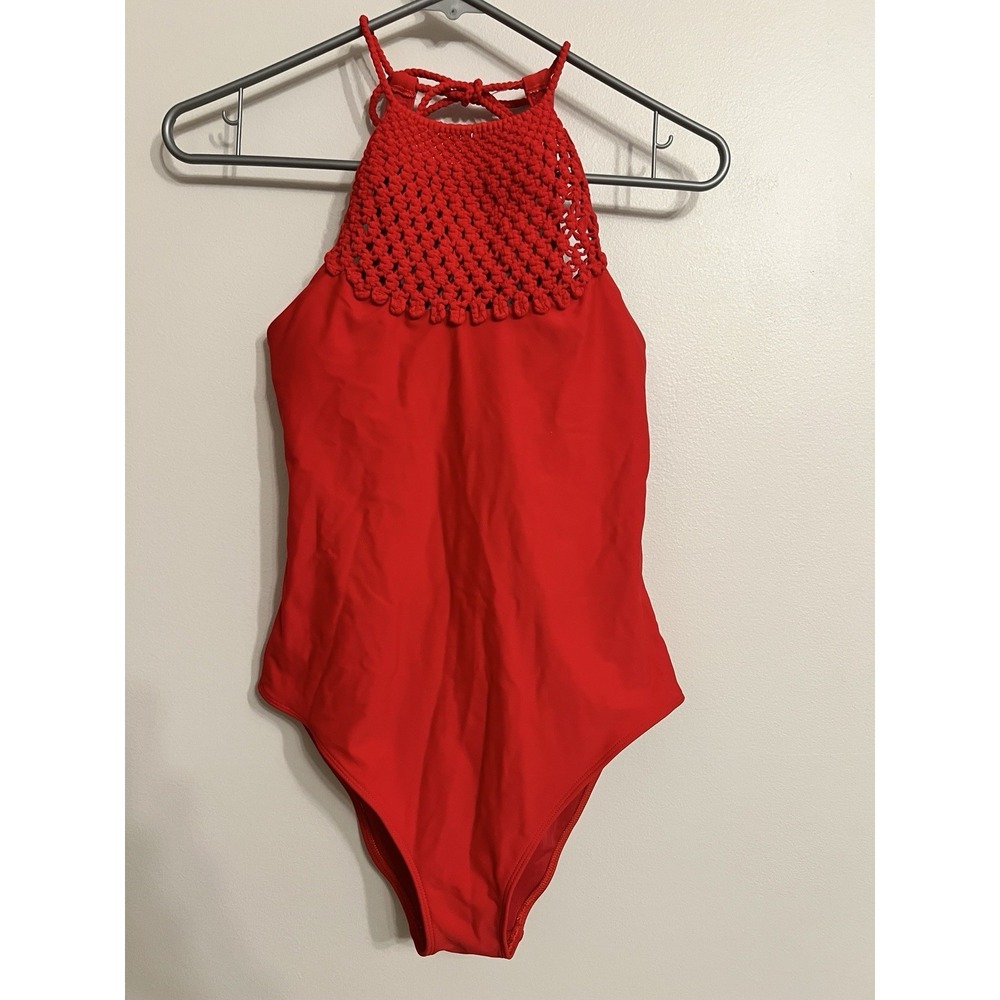 Aerie Womens One Piece Swimsuit Crochet High Neck Low Back Red Size Medium - Picture 2 of 6